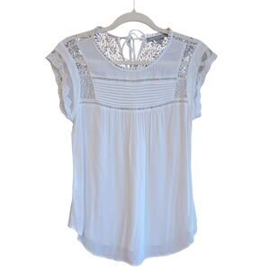 Daniel Rainn White Lace Trim Blouse Cap Sleeve Boho Romantic Lightweight Top